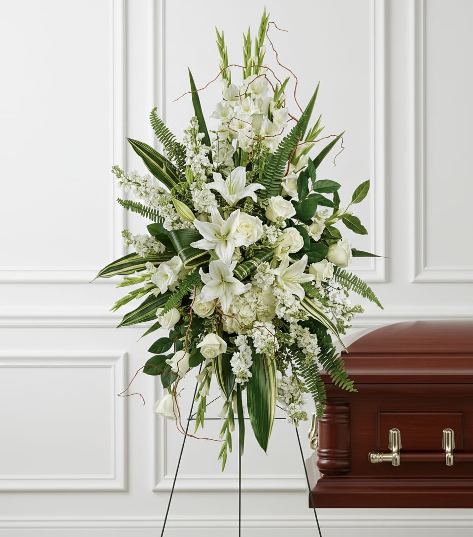 Tall white lily and rose standing spray on an easel beside a wood casket