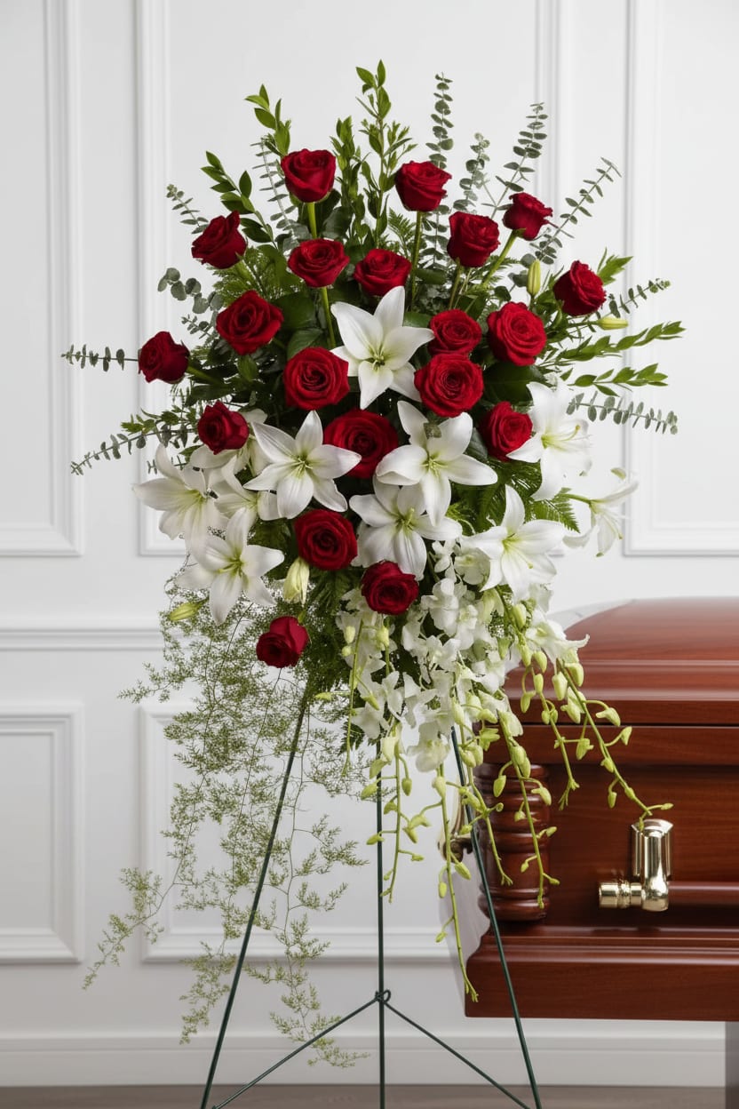 Tall standing spray of red roses and white lilies with trailing white orchids on a metal easel beside a wooden casket