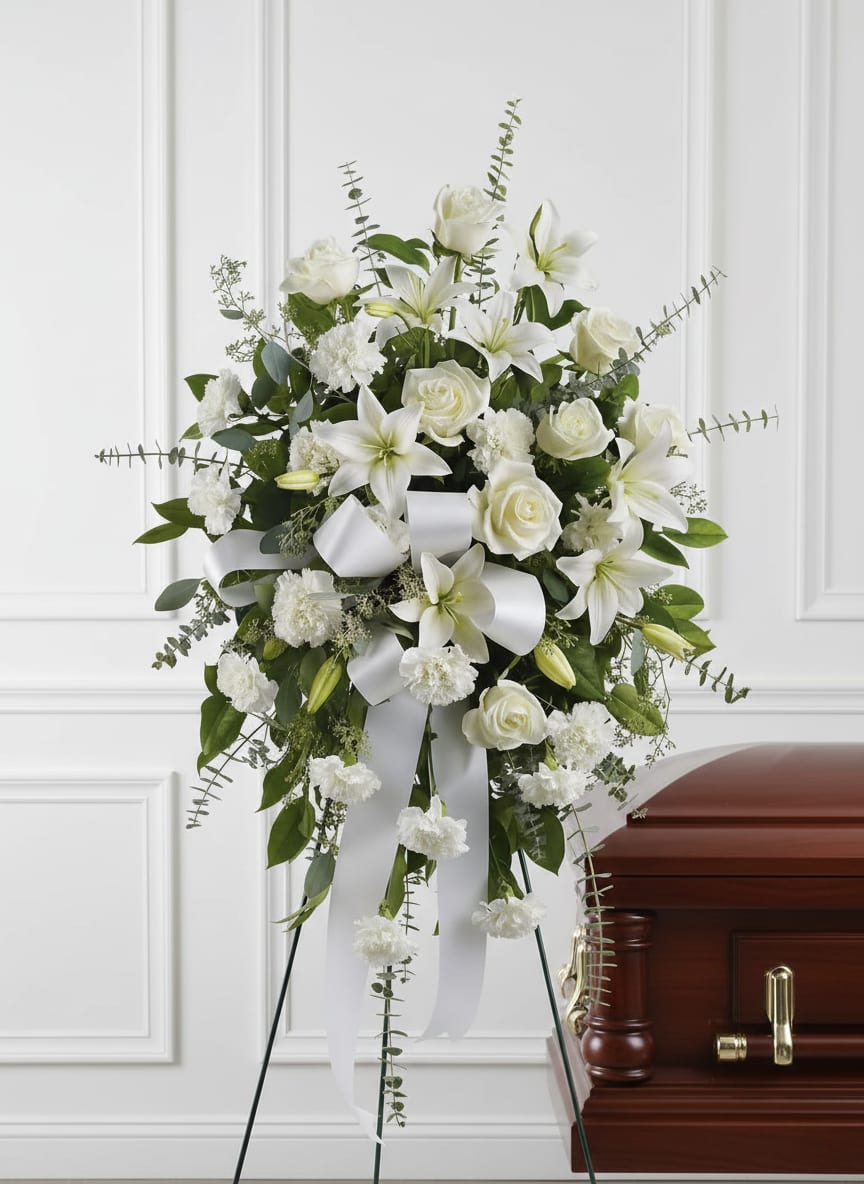 Standing spray of white roses, lilies, and carnations with a white ribbon on an easel beside a wooden casket.