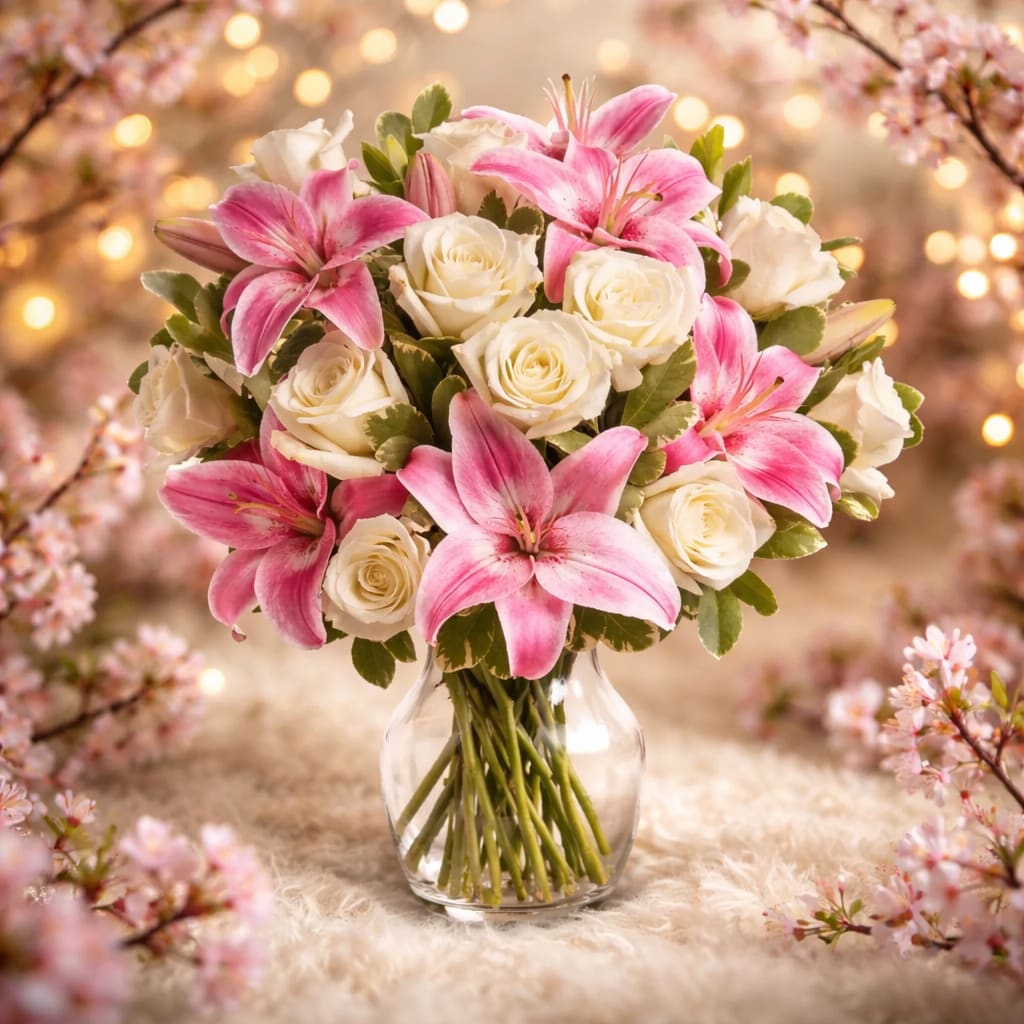Always a Lady Bouquet - A stunning gift like this one is always appreciated. An eye-catching display of roses and lilies is perfectly arranged in a feminine vase which makes a beautiful and lasting impression. Elegant white roses and sweet pink asiatic lilies are hand-arranged with greens. It's the perfect way to show you love her always and forever.