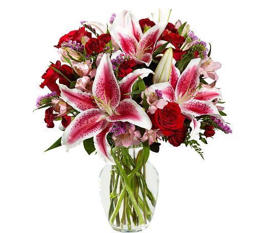 High Style Bouquet - The  High Style Bouquet is on-trend and ready to wow your special recipient with it's mix of bold and beautiful blooms! Rich red roses, Stargazer Lilies, pink Peruvian Lilies, burgundy mini carnations,  and lush greens are arranged to perfection by our floral professionals to create a gift of flowers that is set to impress. Presented in a clear glass vase, this fresh flower bouquet is a wonderful way to express your happy anniversary, happy birthday, or thinking of you wishes.