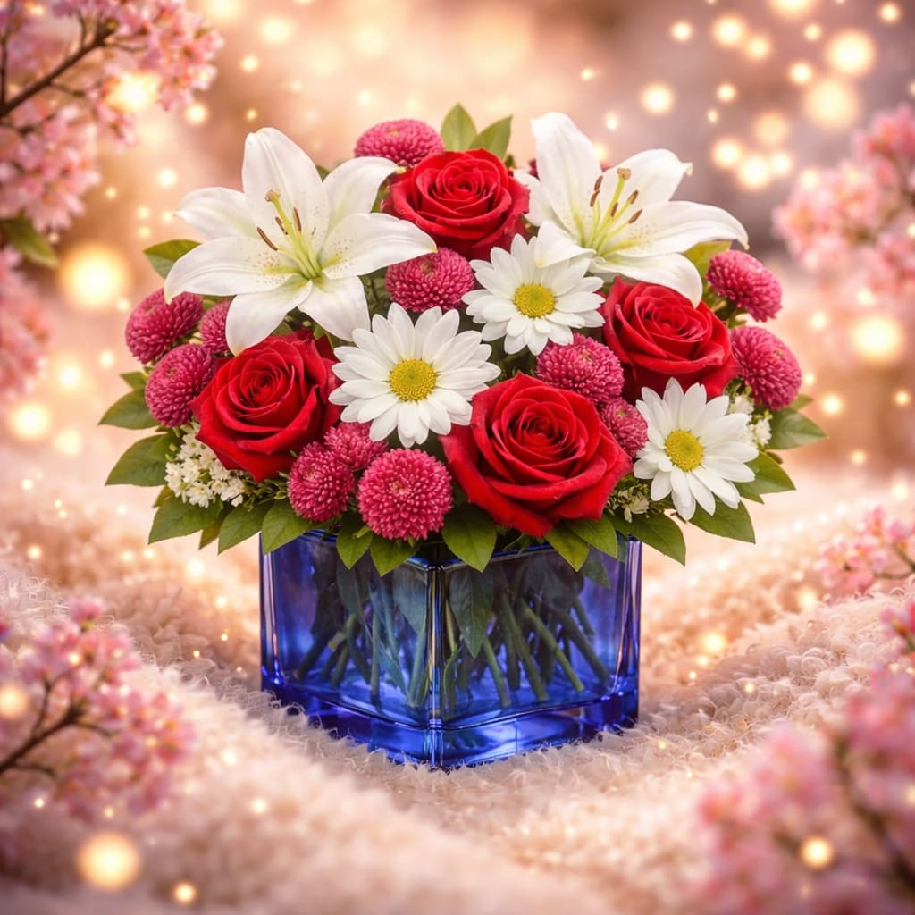 Midnight Romance – Red Roses, White Lilies &amp; Daisies in Blue Cube - Classic red roses with white lilies and daisies, accented with pink blooms in a modern blue glass cube.  This customer-favorite mixed floral arrangement from Shuffletown Flowers pairs bold red roses with white lilies, white daisy mums, and pink accent blooms for a timeless yet modern look. Designed in a blue glass cube vase, this bouquet stands out beautifully in any space.  Perfect for same-day flower delivery, this arrangement is a top choice for Valentine’s Day, anniversaries, and romantic surprises.   Why customers love it:  Red roses + lilies combination  Modern blue cube vase  Fresh, florist-designed bouquet  Same-day delivery available