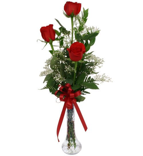 Timeless Love Rose Trio - Celebrate love this Valentine’s Day with the Timeless Love Rose Trio, a simple yet elegant arrangement that speaks volumes. Featuring three premium red roses, delicately arranged with lush greenery and soft baby's breath, this bouquet is presented in a sleek glass vase and finished with a romantic red bow.  Perfect for expressing love, admiration, or appreciation, this classic design is an effortless way to make your special someone feel cherished. Whether it’s for a romantic partner, a dear friend, or a loved one, the Timeless Love Rose Trio is a heartfelt gesture they will adore.  Why It’s the Perfect Valentine’s Gift?  Three Classic Red Roses – Symbolizing love, devotion, and admiration.  Elegantly Arranged – Accented with baby’s breath and fresh greenery for a soft, romantic touch.  Perfectly Sized Gift – A thoughtful and affordable choice for Valentine’s Day.  Comes in a Glass Vase – A ready-to-gift presentation for lasting beauty. Make this Valentine’s Day unforgettable with the Timeless Love Rose Trio—a simple yet meaningful way to show how much you care! ️