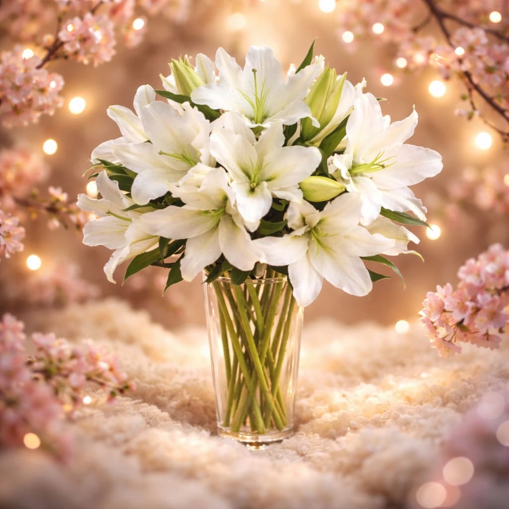 Peaceful Evening by BloomNation™ - White lilies stand tall and beautiful. Send an impactful gift to somebody whether it be for saying I am sorry or celebrating the new year. This arrangement instantly elevates any room and fills the space with that distinct sweet-smelling lily perfume.  1st Image: Standard 2nd Image: Premium