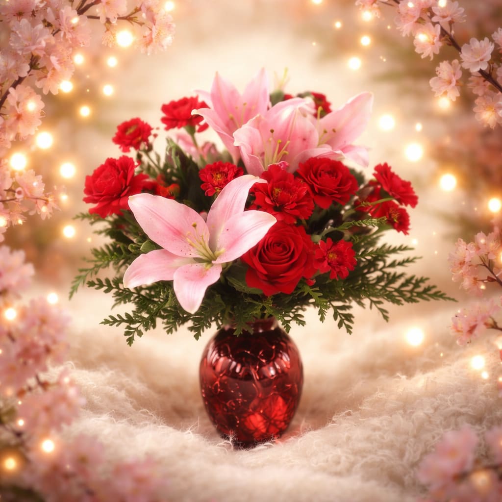 Wild Romance - Sensational I Love You floral arrangement in a red-tinted vase of pink lilies, red roses, red carnations and mini carnations, with complementary greenery. Gorgeous! 