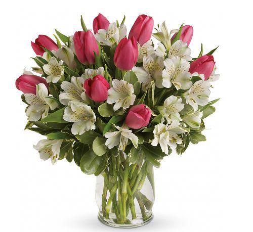 Graceful Elegance Bouquet -  Timeless Beauty &amp; Freshness – Featuring vibrant pink tulips and delicate white Peruvian lilies, this bouquet is the perfect blend of elegance and charm.   Symbol of Love &amp; Admiration – Tulips represent deep caring and affection, while the soft alstroemeria symbolizes devotion and friendship, making this the ideal bouquet for romantic gestures, appreciation, or celebrations.   Long-Lasting Blooms – Hand-selected for freshness and longevity, ensuring that this stunning arrangement brightens any space for days.   Perfect for Any Occasion – Whether it’s Mother’s Day, birthdays, anniversaries, or just because, this bouquet is a heartfelt way to make someone’s day special.