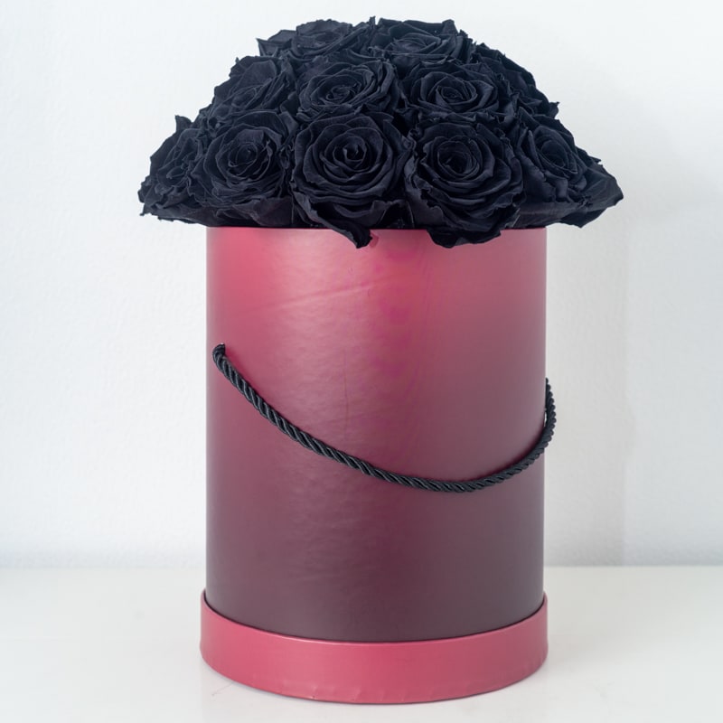 Dark Desire Roses - Real preserved roses lasting years! (roses can be any color upon request/availability, box/vase may vary) 
