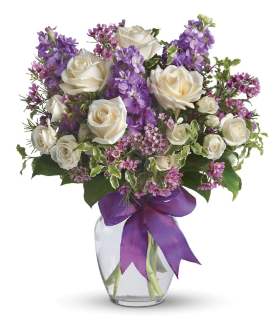 Cape May Cottage - CURRENTLY OUT OF WAX FLOWER  AND WHITE SPRAY ROSE (SOLD OUT) BUT WE WILL SUBSTITUTE LAVENDER, (DRIED) ORLAYA AND WHITE RANNUNCULUS INSTEAD