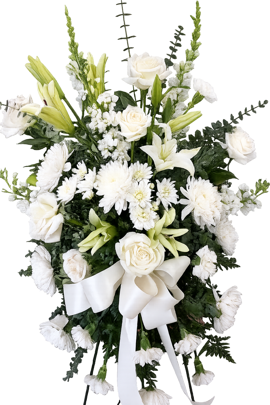 Peaceful White Tribute - A graceful standing spray designed to bring a sense of peace and comfort. The soft white tones and flowing greenery create an elegant and respectful tribute, perfect for honoring a loved one and expressing heartfelt sympathy.