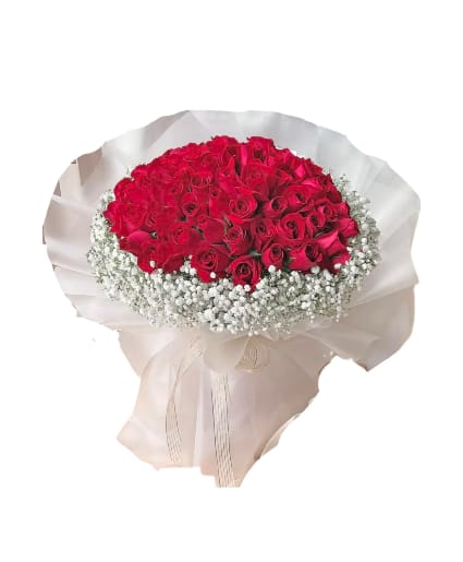 TRUE BEAUTY RED ROSES WRAPPED BOUQUE  - Enchanted 36 Roses bouquet with a fluffy, white cloud of baby breath surrounding the outer layers. This bouquet is designed with Korean inspired floral artistry with premium wrapping paper.standard 36 Roses. 