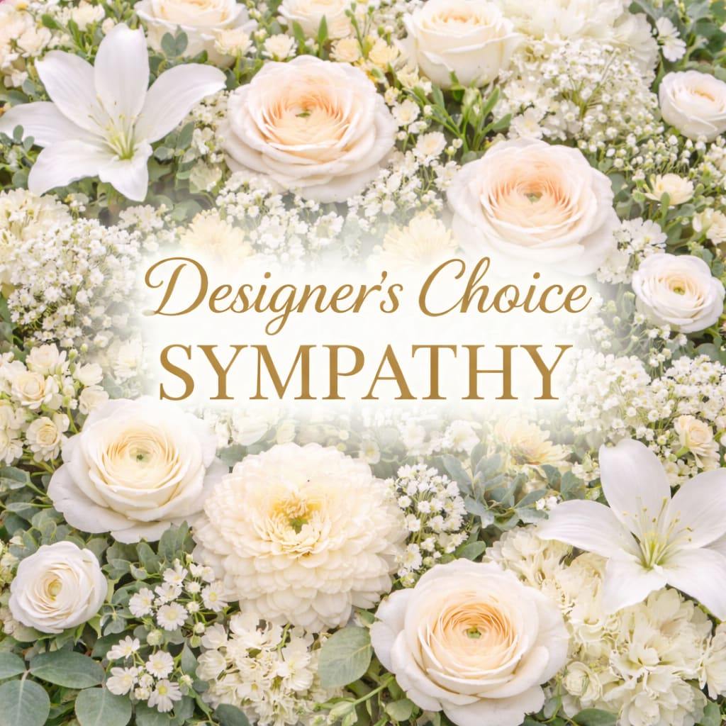 Soft white and cream roses, lilies, and mixed flowers with 'Designer’s Choice Sympathy' text in the center.