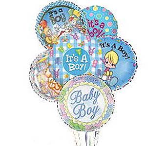 Cluster of blue and pastel “It’s a Boy” and “Baby Boy” mylar balloons with baby-themed designs