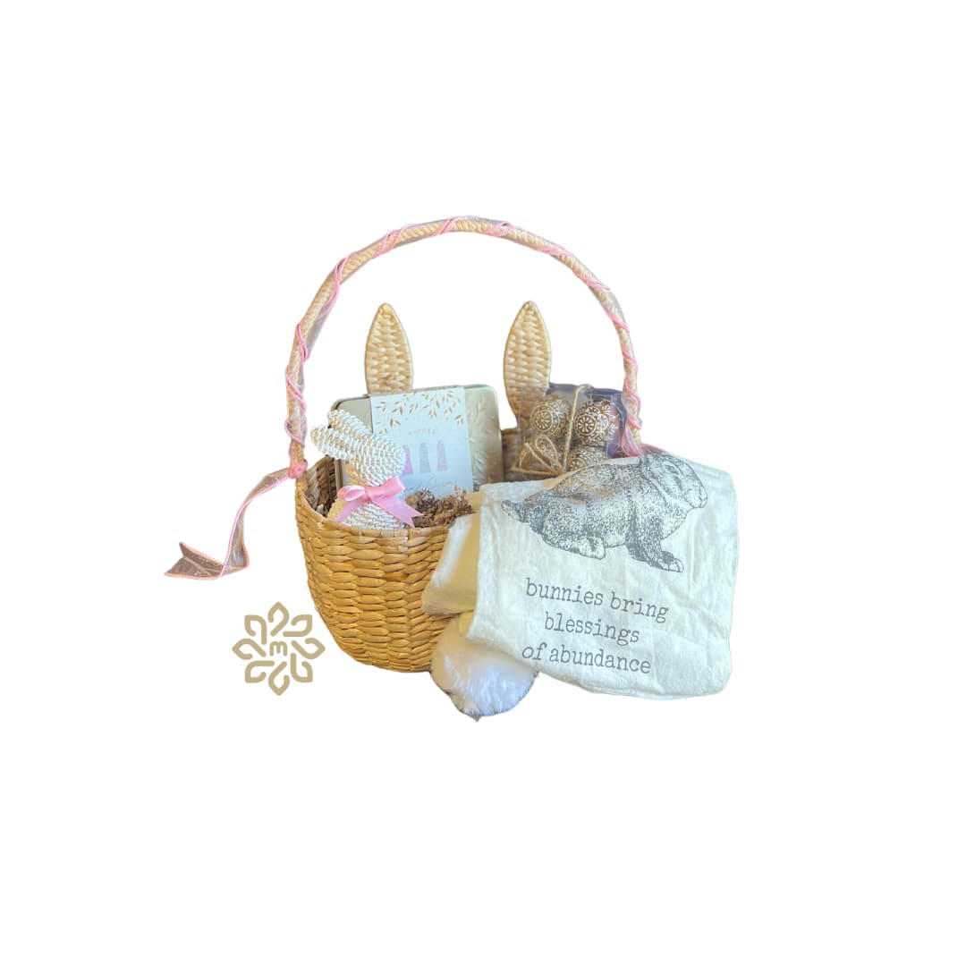 SALE - Bunny Whiskers Gift Set - Celebrate Easter in style with our Bunny Whiskers Gift Set, a delightful wicker basket shaped like an adorable bunny! This charming set is designed to bring joy and festivity to your holiday celebrations, making it the perfect gift for friends, family, or yourself. Set includes bunny tea towel, Thymes 3-piece gift set, white wicker bunny and set of 6 wooden decorative eggs.