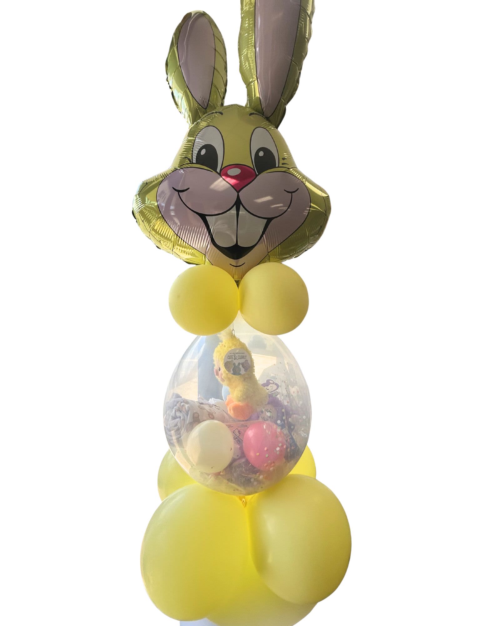 Easter Surprise!  - Easter bunny Surprise Gift Balloon.  Comes with assorted Gifts inside: Plushies, Smaller latex balloons, Trinkets, Toys and Candies!!   Please specify if the child has any preferences or allergies! 