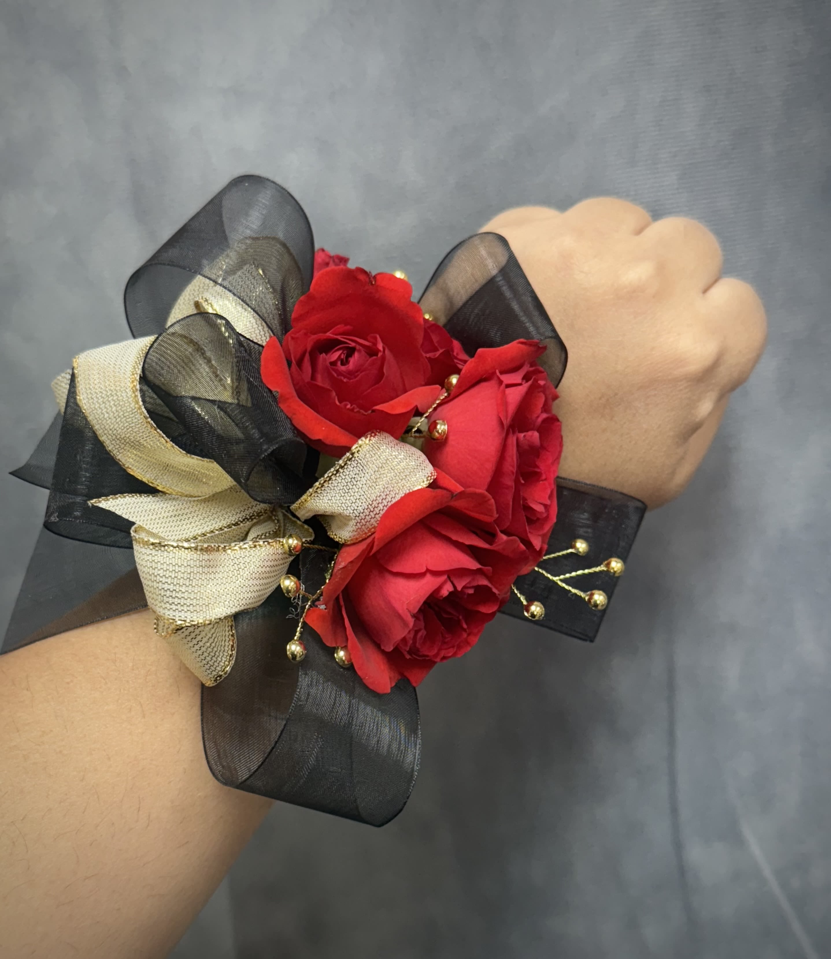 Red black gold corsage - Wrist corsage with pearl bracelet 
