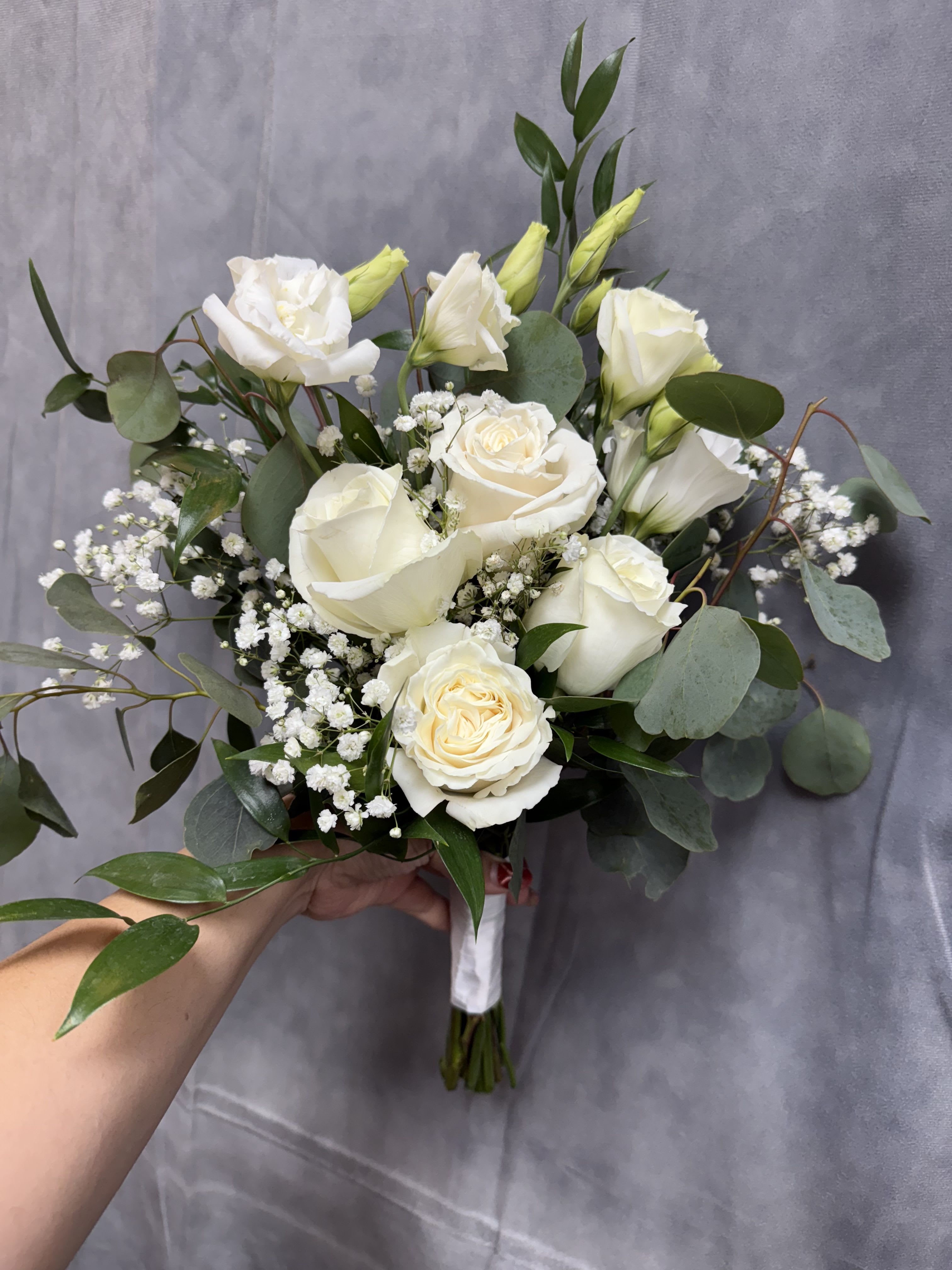 White roses prom bouquet  - White prom bouquet with white roses &amp; white lisianthus 