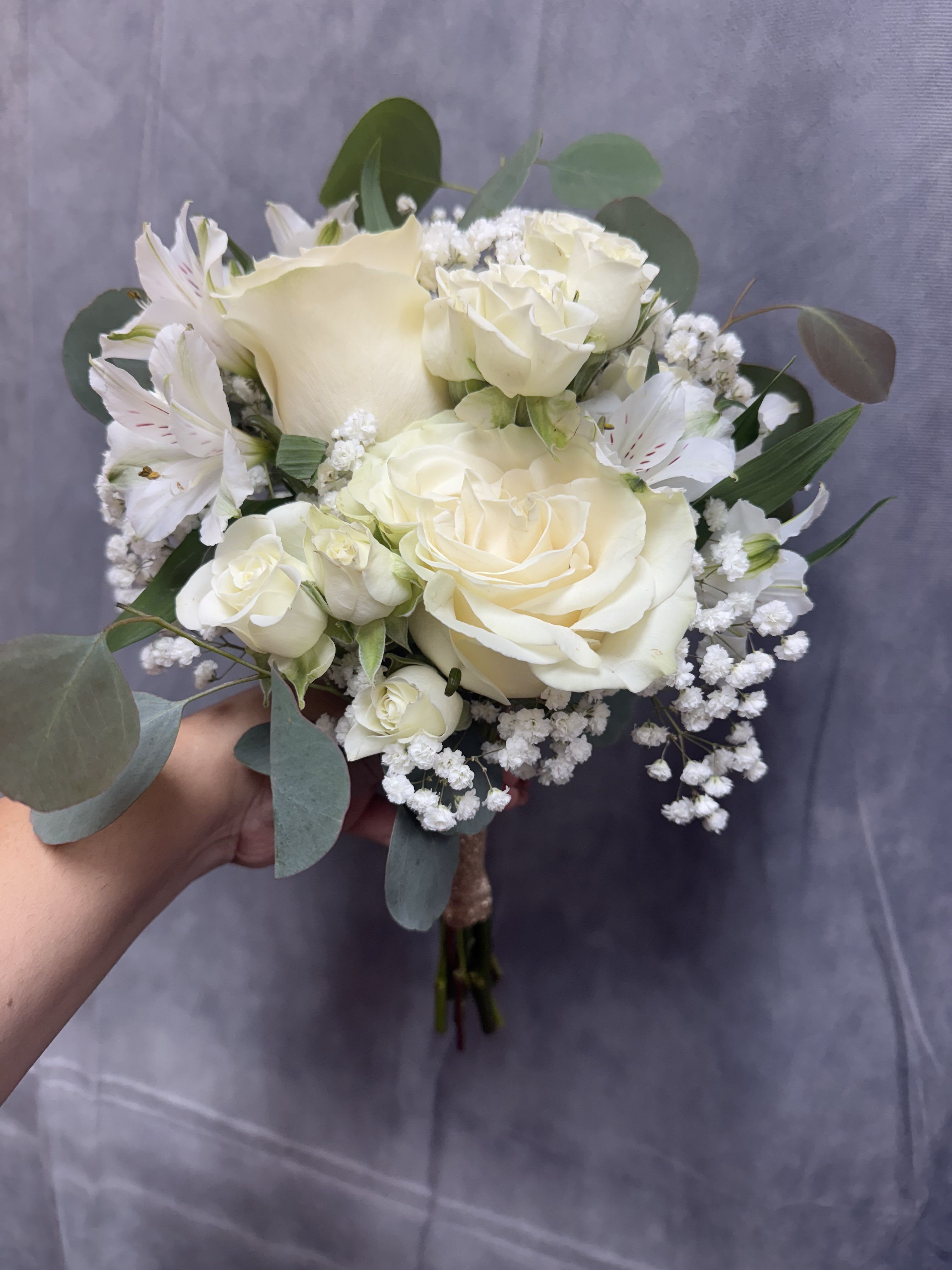 White blooms prom bouquet  - White blooms prom bouquet with roses , white spray roses &amp; whit alstroemeria 