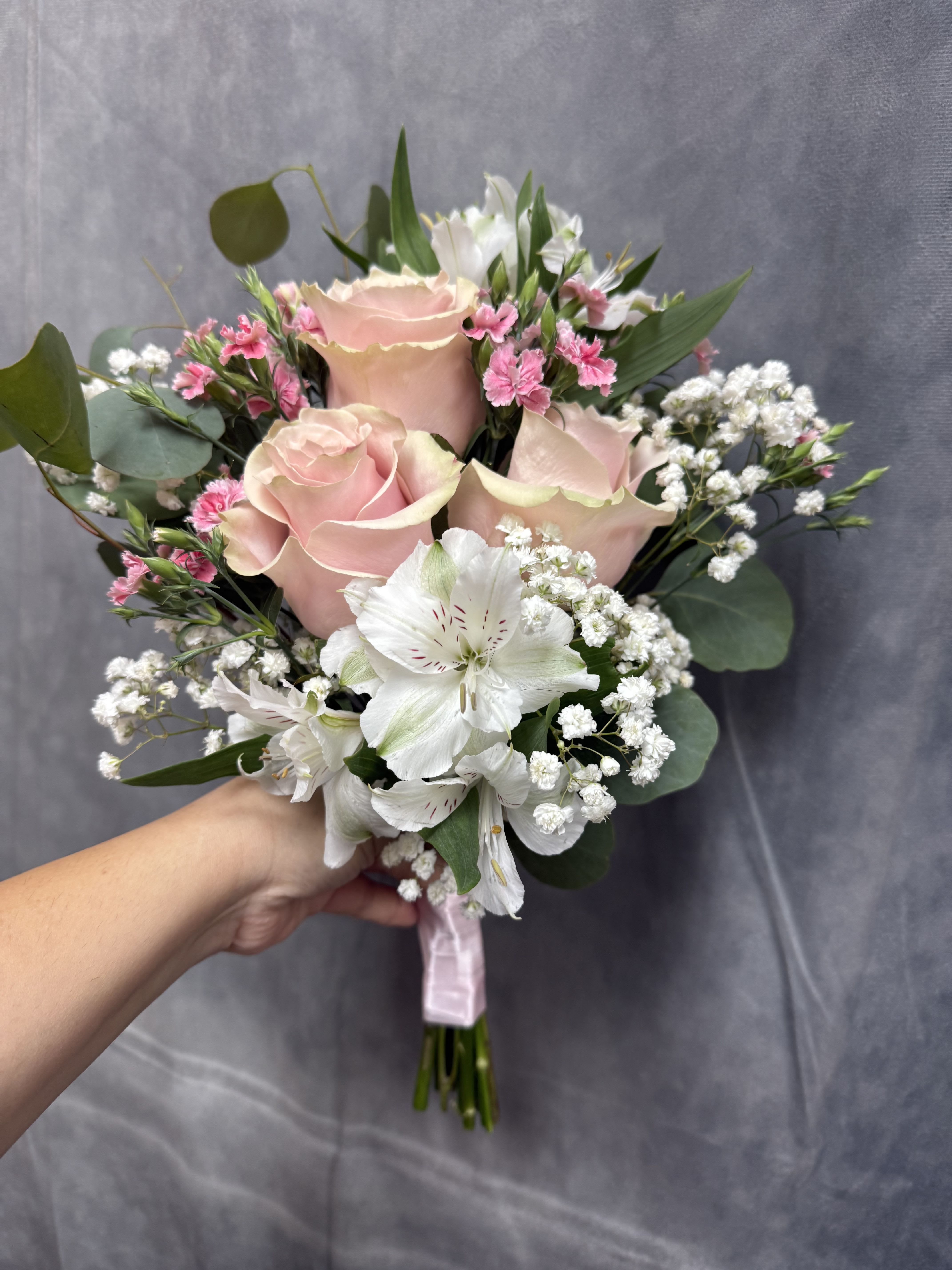 Shades of pink prom bouquet  - Shades of pink prom bouquet with pink roses , whit alstroemeria and mini pink carnations 