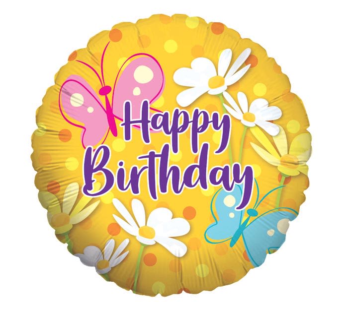 Round yellow birthday balloon with daisies, butterflies, and Happy Birthday text.