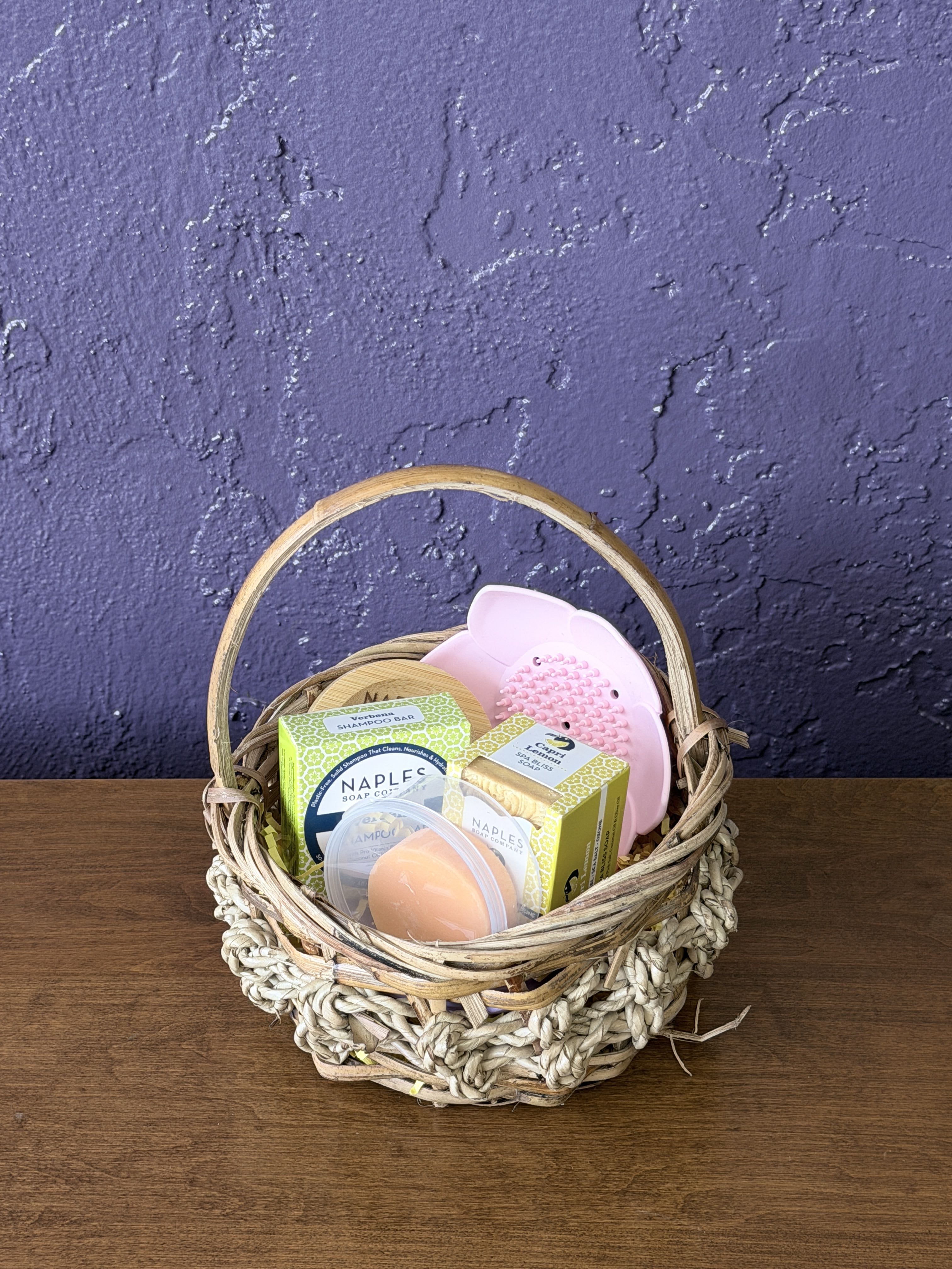 Spa Bucket  - Spa-inspired gift with shampoo bar, conditioner bar, sugar scrub, spa soap and bar holder - soothing scents in soft, calming tones