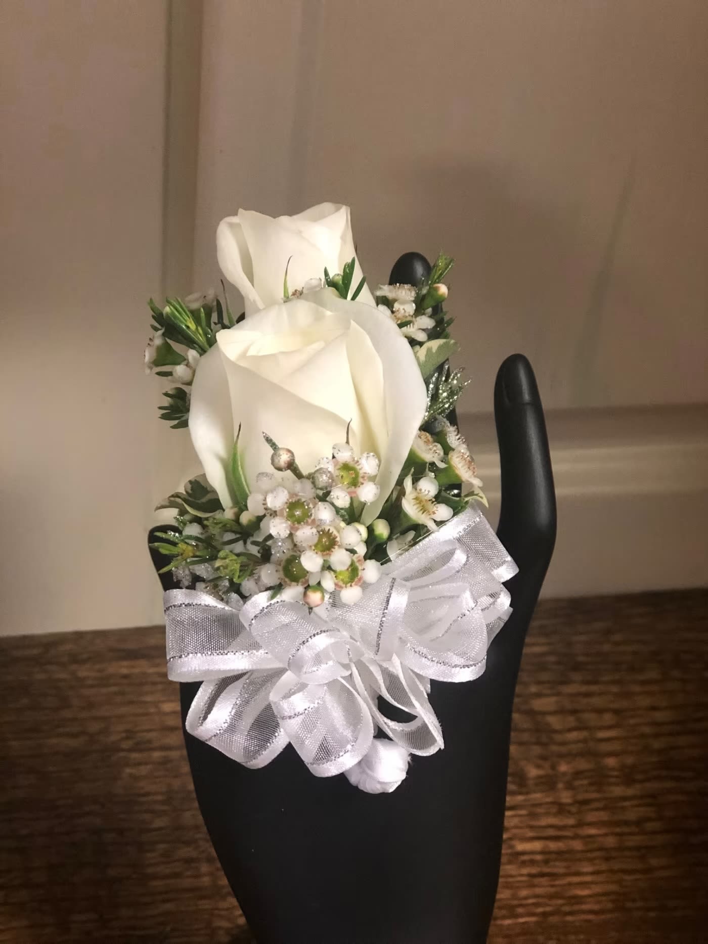 Standard Rose with Wax Flower Boutonniere and Corsage  - Regular Standard Rose with wax flower filler. Rose color available: white, ivory, red, pink, yellow, lavender  PLEASE READ BEFORE PURCHASE  Boutonniere only purchase regular Corsage only purchase deluxe Boutonniere and corsage set premium.  Please specify color rose and ribbon in special instructions during check out. You can send a picture of the color dress/ tux to our email with order number: hello@flowerfinesse.com  ACCENTS OUT OF STOCK. Pick up only available.