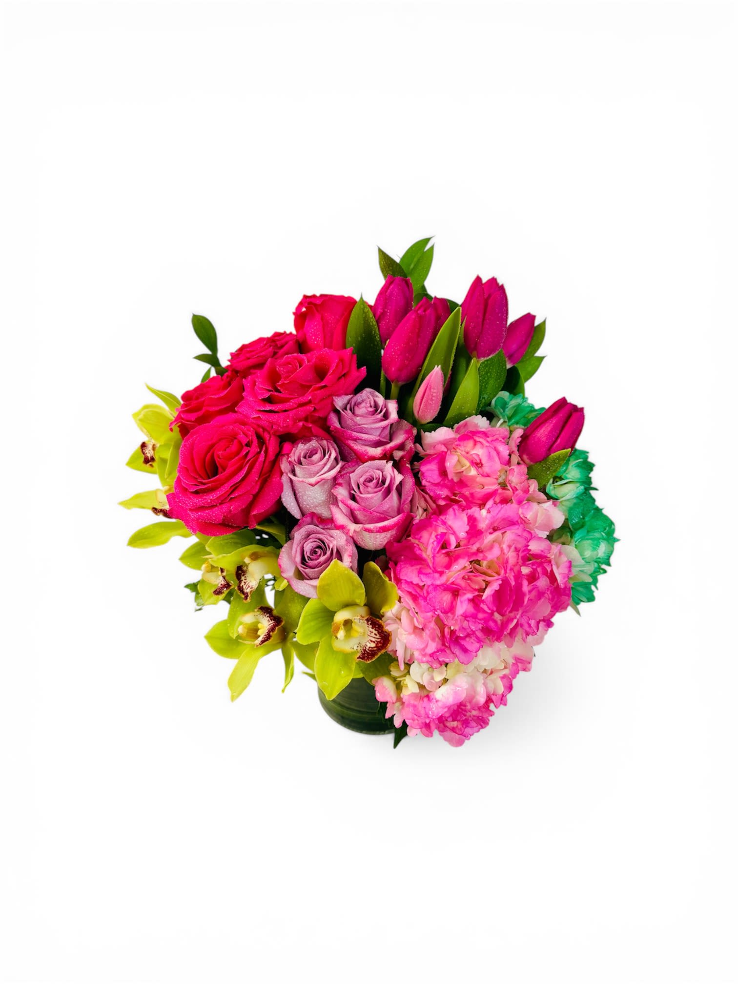 Spring love - Premium bouquet featuring fuchsia roses, lavender roses, pink tulips, green orchids, and hydrangeas. A vibrant, elegant round design perfect for birthdays, anniversaries, and special occasions. Modern, high‑quality floral arrangement