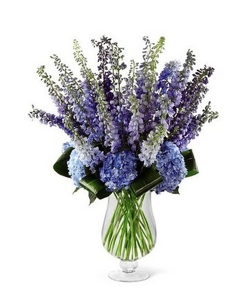 Honestly Luxury Bouquet - Believe in the beauty that can amaze you in an instant with this stunning array of blue delphinium and hydrangea. Brilliant blue and purple delphinium stretch their petals to the sky accented at the base of the flower arrangement with dark blue hydrangea and aspidistra leaves. Presented in a superior clear glass footed vase, this flower bouquet is a wonderful way to extend your love and affection across the miles.  