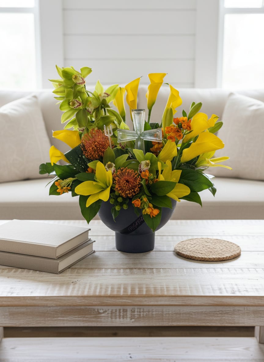 Support Floral (yellow) - Yellow bouquet with keepsake cross insert. 