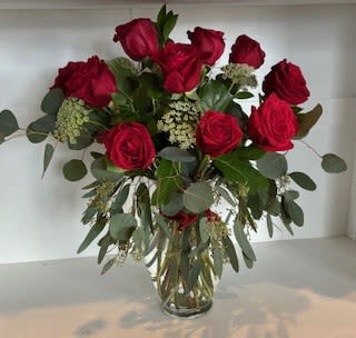 Everyday 10 - Dozen roses, any color with greens and filler