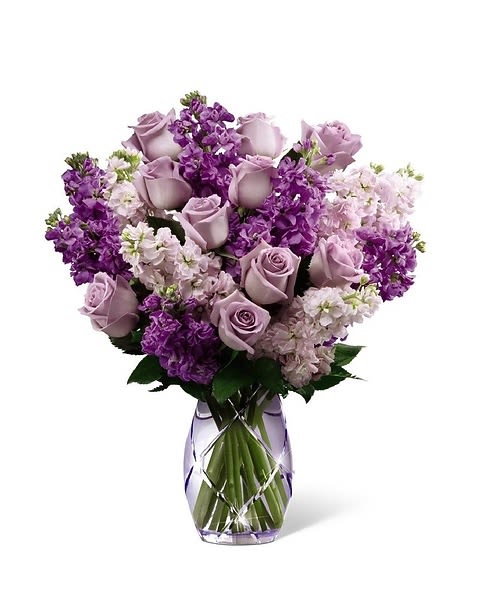 The Sweet Devotion Bouquet - The Sweet Devotion Bouquet by Better Homes and Gardens® brings together roses and stock stems to design a wonderful wish for perfect happiness for your special recipient. Lavender roses and stock are accented with pink stock and lush greens to create an amazing flower bouquet. Lovingly arranged in a designer lavender etched glass vase, this flower arrangement offers them a beautiful expression of your sweetest sentiments to celebrate Mother's Day, extend your happy birthday wishes or to help celebrate the arrival of spring. 