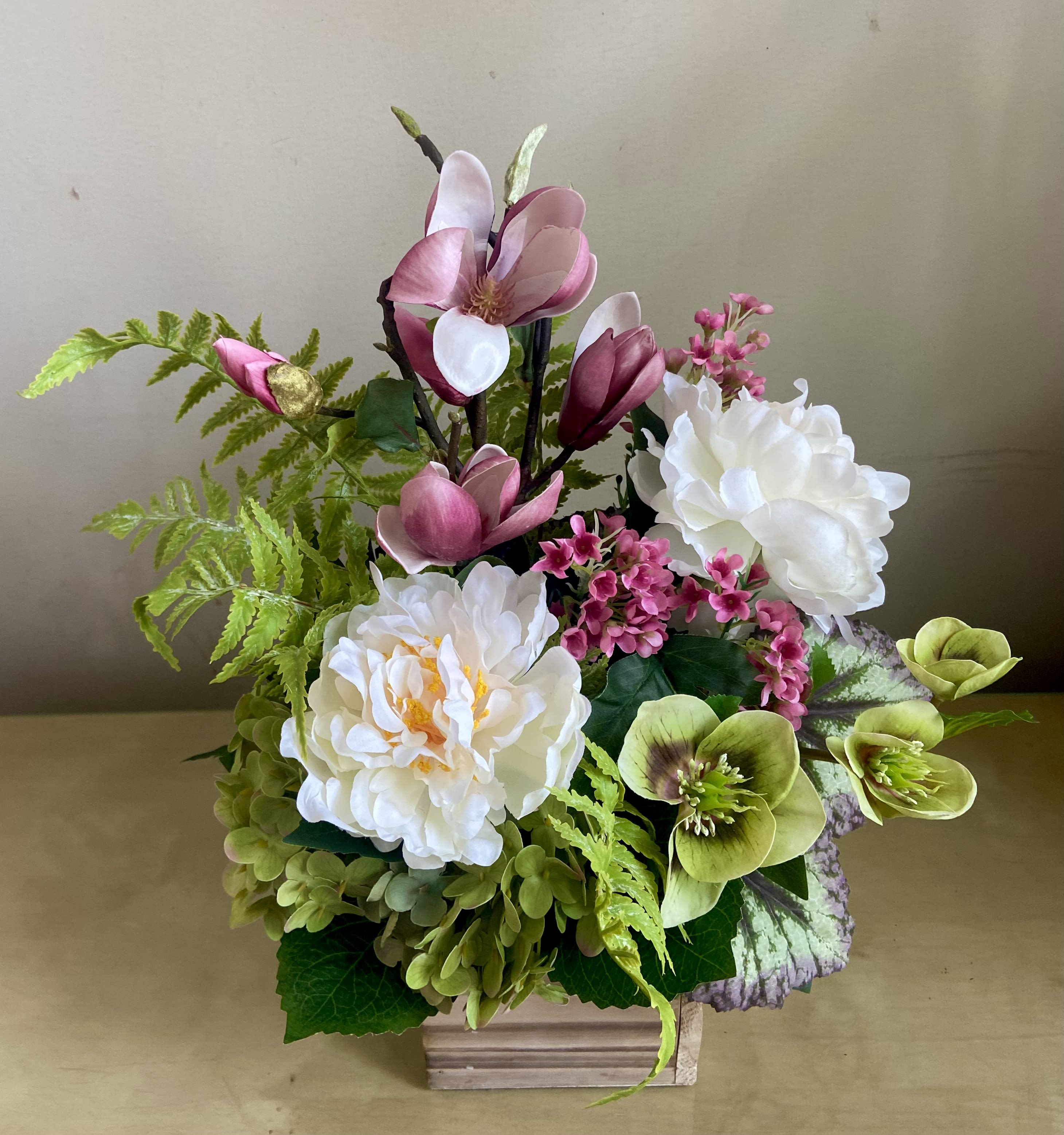 Spring Fever -  Silk Floral Arrangement - Spring beauty in Silk blossoms of magnolia, peonies, hydrangea, heleborus, woodland fern &amp; wax flowers in a rustic wood container.  Looks so real but is a high quality silk design that will bring joy forever!