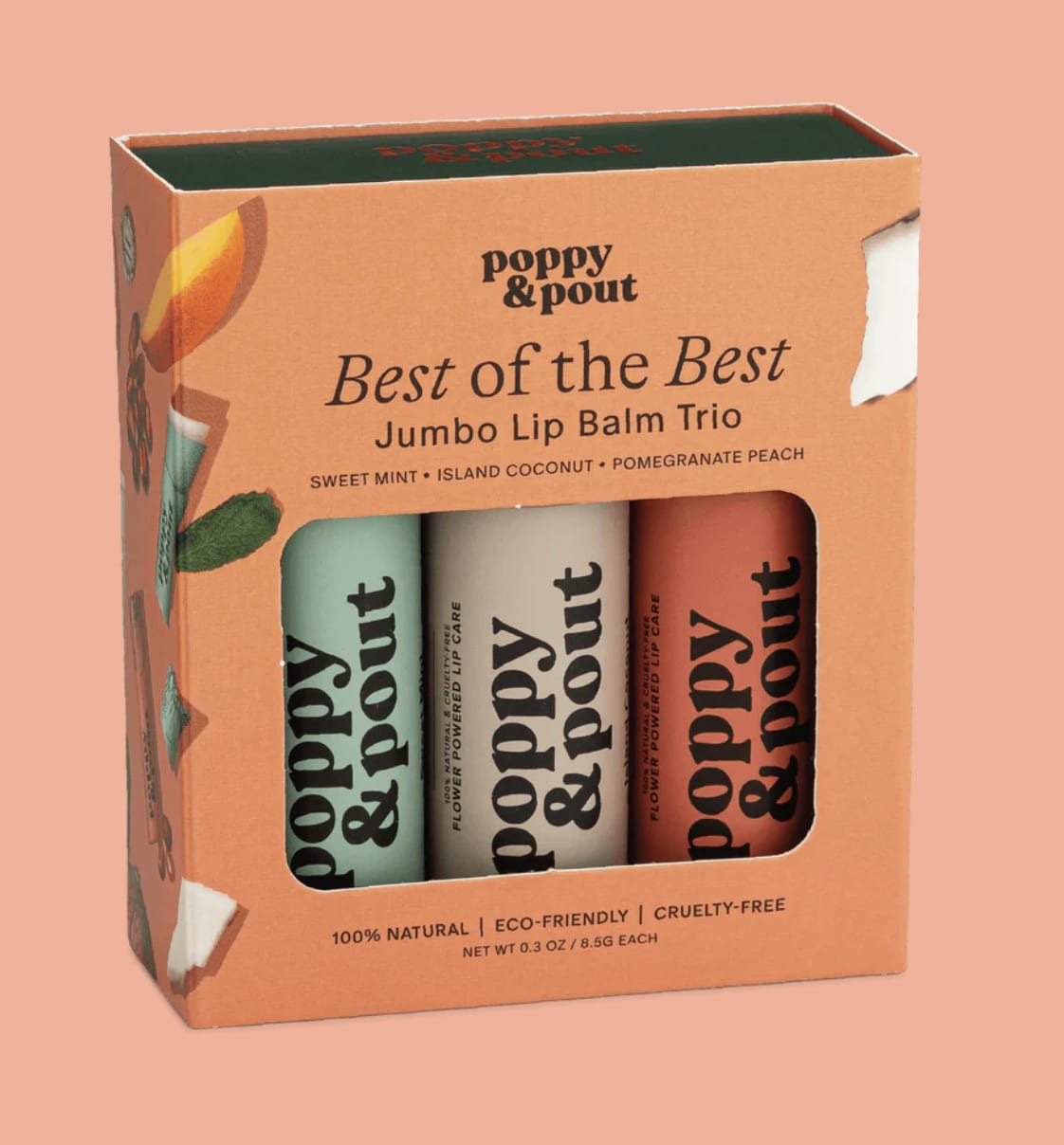 All Natural "The Best Trio" Lip Balm by Poppy &amp; Pout - This gift set trio includes Poppy &amp; Pout's Best of the Best 3-Pack: Sweet Mint Lip Balm, Island Coconut Lip Balm, and Pomegranate Peach Lip Balm.  We don’t play favorites, but if it came down to a podium finish, these three would be on top. These 3 all-natural lip balms will give you a perfect sampling of what Poppy &amp; Pout is all about! Each lip balm is hand poured into beautifully designed, 100% recyclable cardboard tubes.  Our Best of the Best 3-Pack includes: Sweet Mint Lip Balm, Island Coconut Lip Balm, and Pomegranate Peach Lip Balm.   Our natural lip balm formula is as smooth as can be. Each cardboard tube is filled from the bottom to the top with lip hydrating goodness. Once you’re done, make sure to recycle; our ingredients come straight from Mother Earth, and we like to give right back! 