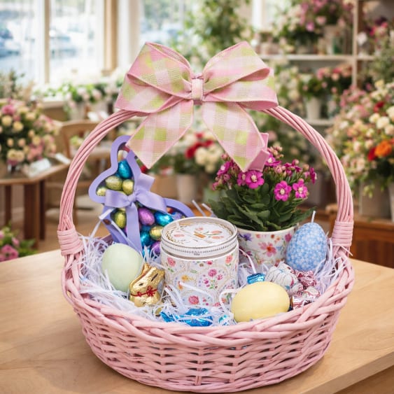 Pink Easter Basket - Pink wicker basket approximately 14 inches wide. Filled with  a beautiful calindiva succulent plant blooming beautiful pink flowers in 3in ceramic pot. Following a 10oz. Candle with wood wicker, Vanilla sent. Topping off with yummy chocolate eggs in bunny box and a splash of Lindt chocolates.  Basket will be delivered in a clear basket bag for protection.  All items are retail items for your loved one to enjoy. ** If food allergies of chocolate or nuts, chocolates can be removed. **