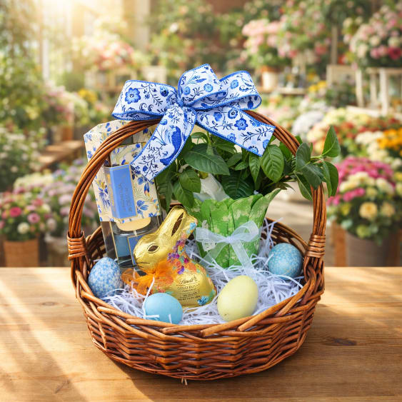 Gardenia Easter Basket - Brown wicker basket approximately 14in length. Gardenia plant 4in pot., along with a Reed Difuser (4.23oz) Scent is Magnolia  Blossom. Basket is topped off with Lindt chocolate gold bunny (7oz). Adding a beautiful ribbon made by high end quality. Basket will be covered in clear basket bag for delivery.   ***chocolate may contain nuts, can be removed for food allergies***