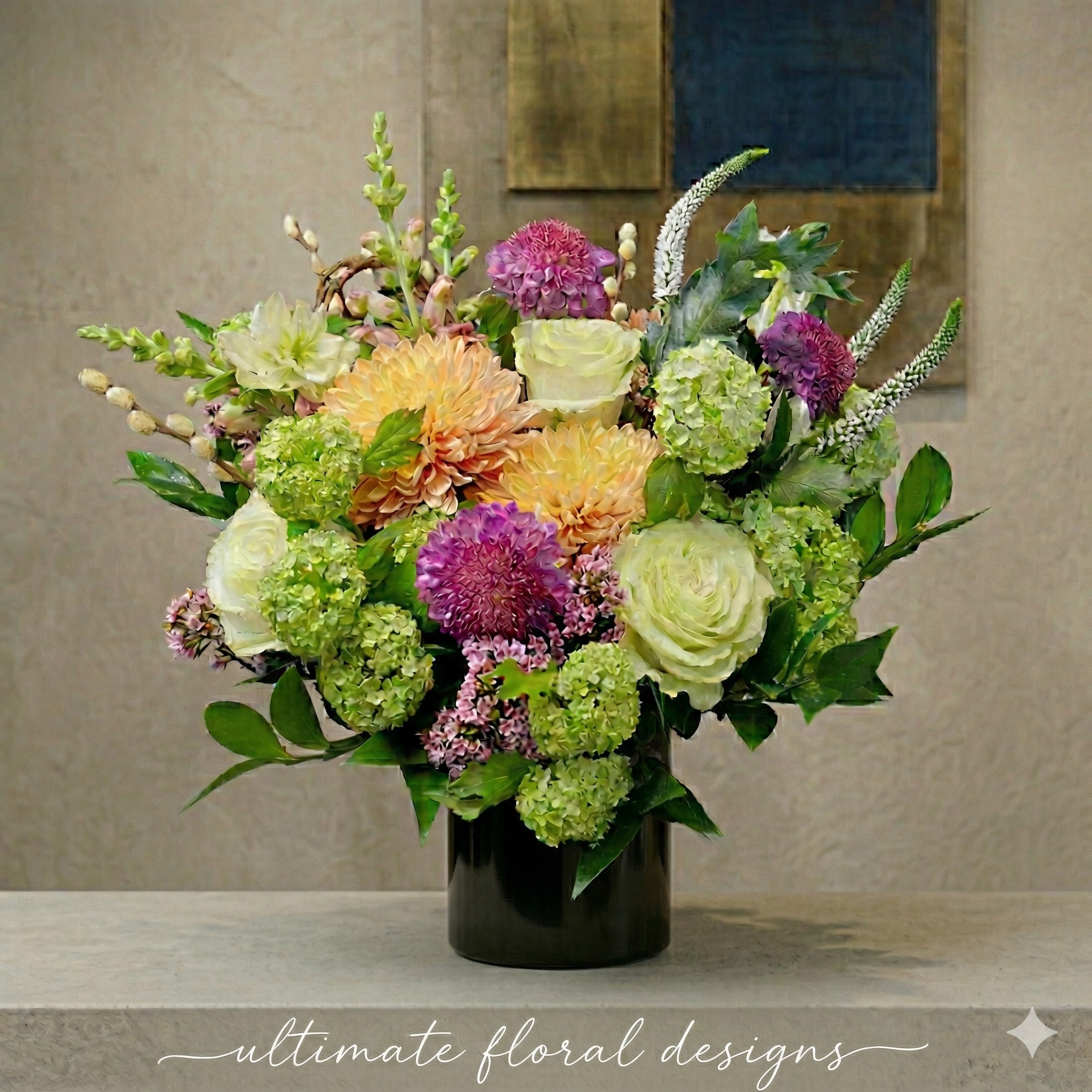 A Garden in Quiet Bloom - A serene and refined garden-style arrangement featuring premium roses, chrysanthemums, viburnum, scabiosa, and seasonal blooms. Designed with soft movement and natural texture, this elegant composition captures the quiet beauty of a garden in bloom, bringing a sense of calm, freshness, and timeless sophistication to any space. Same-day flower delivery available in Great Falls, McLean, Vienna, Reston, Arlington, and Washington, DC.