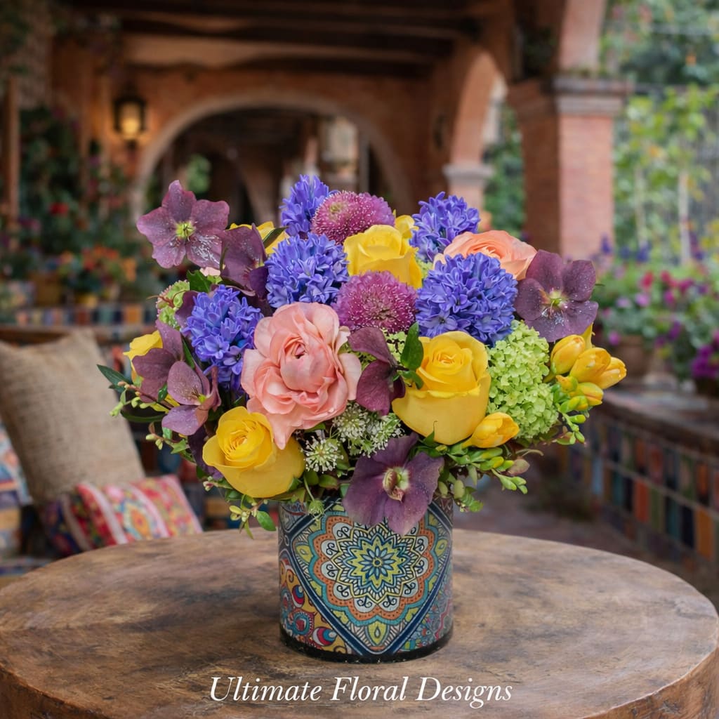 Villa Garden Bloom - A vibrant and artistic arrangement featuring premium roses, hyacinths, hellebores, and seasonal blooms, thoughtfully designed in a decorative vase. This colorful composition brings warmth, elegance, and natural beauty to any space. Same-day flower delivery available in Great Falls, McLean, Vienna, Reston, Arlington, and Washington, DC.