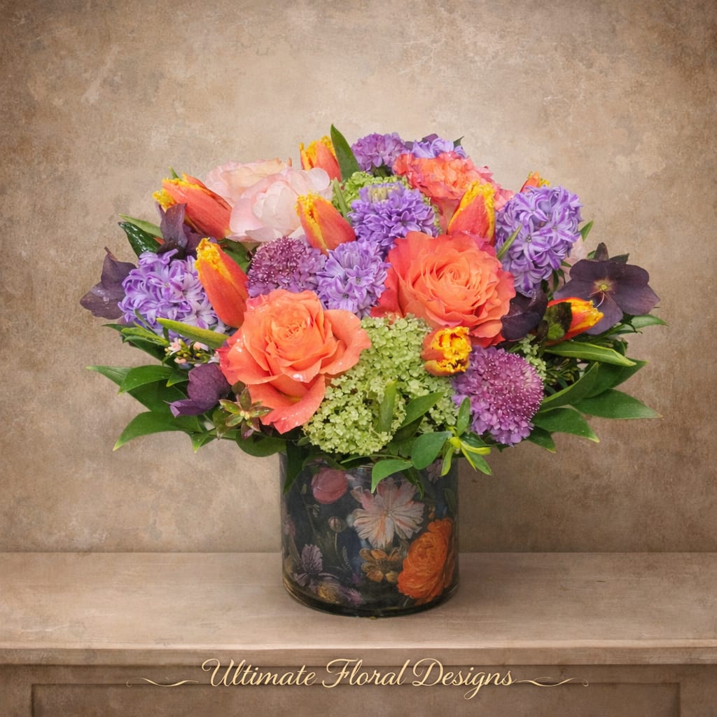 Sunlit Garden Reverie - A radiant, garden-inspired floral arrangement featuring coral Free Spirit roses, vibrant fringed tulips, fragrant hyacinths, and lush seasonal blooms, artfully designed in a lined print glass vase. Sunlit Garden Reverie captures the warmth and elegance of a European-inspired floral design, blending rich color, texture, and movement for a truly luxurious presentation.  Perfect for birthdays, celebrations, thank you gifts, or simply brightening someone’s day with a sophisticated floral statement.  Available for same-day flower delivery in Great Falls, McLean, Vienna, Reston, Arlington, and Washington, DC.  Designed with premium flowers and signature artistry by Ultimate Floral Designs, your trusted luxury florist serving Northern Virginia, Maryland, and Washington, DC.