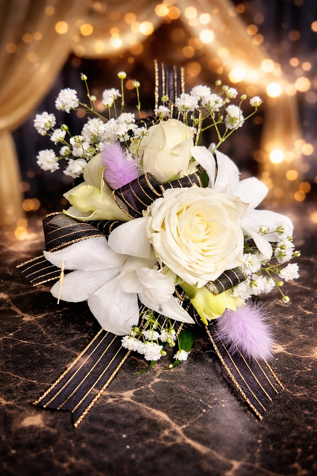 Corsage 9 - This beautiful corsage made with white dendrobium orchid , white spray , baby's breath and black ribbon. 