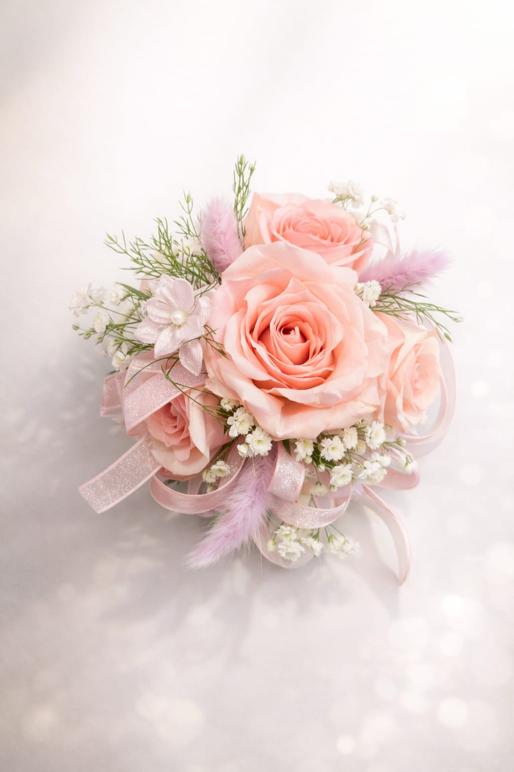Pink Rose Corsage  - This prink roses corsage made with pink spray roses , baby's breath finish with tree fern  and pink roses 