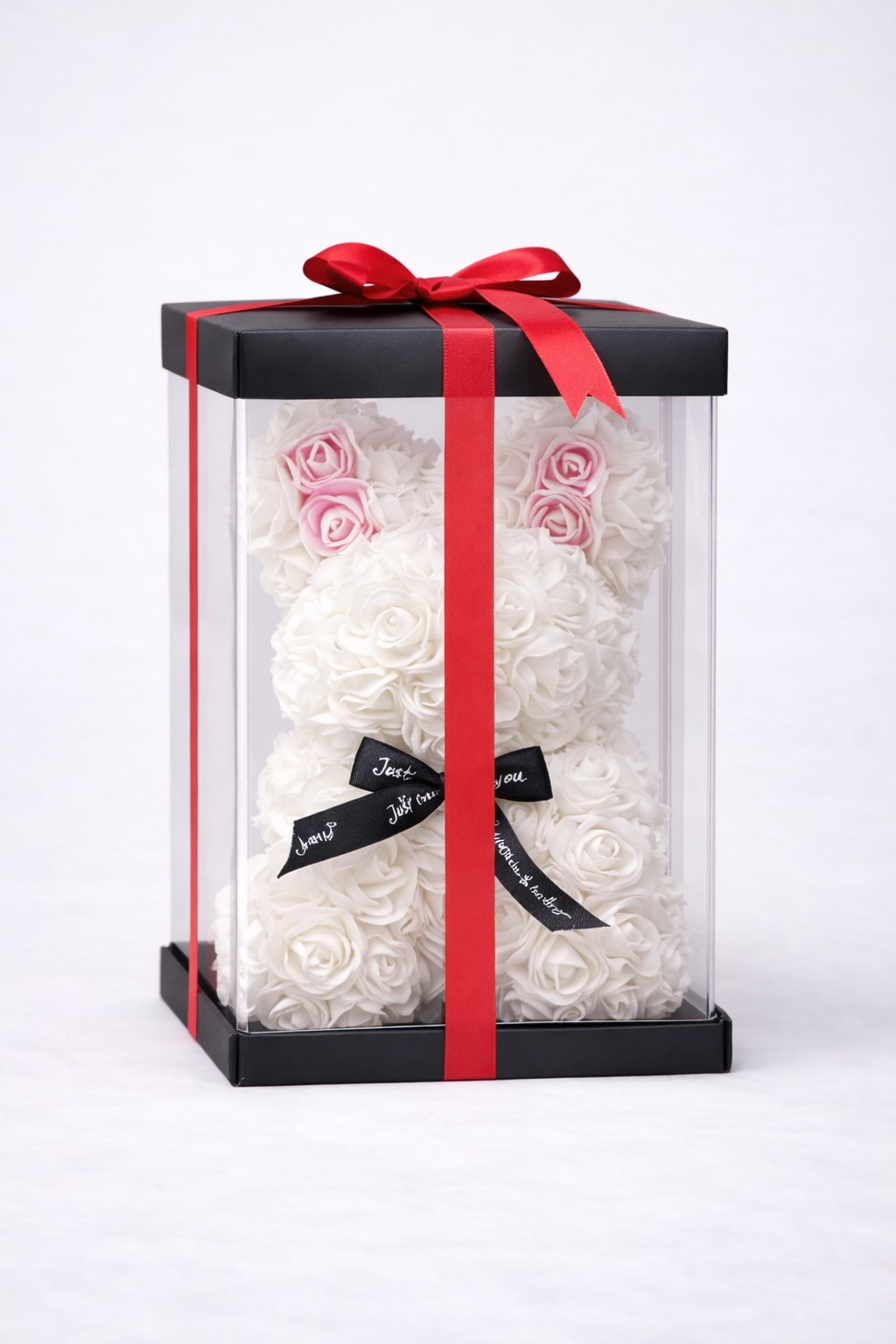 Snow Bunny Rose Bear - This charming bunny is made of white and blush foam roses with cute ear detailing and a bow perfect for something playful and elegant. Better for: Valentine’s Day, Anniversary, Love &amp; Romance, Birthday, Thinking of You, Just Because.