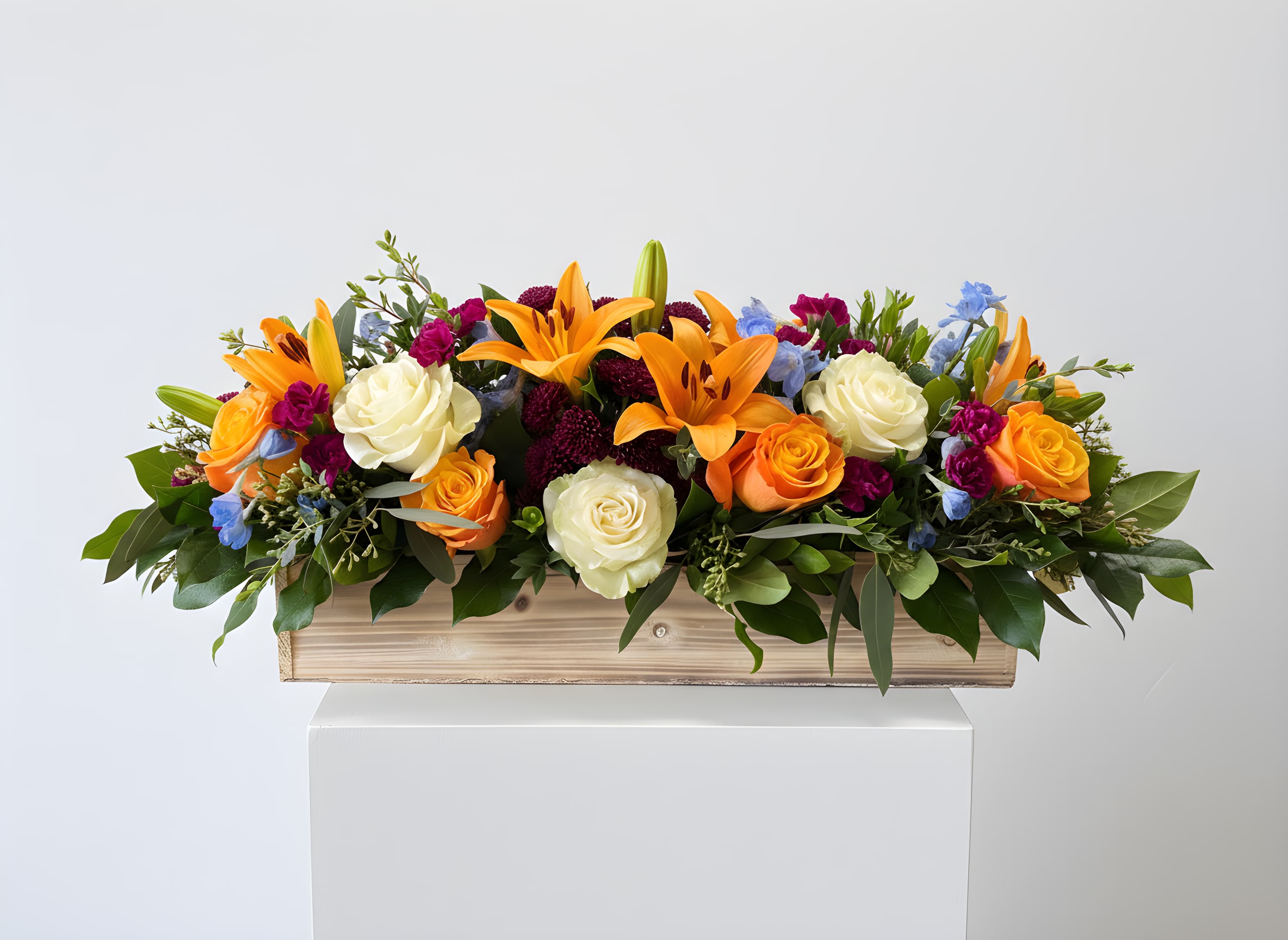 Spring Awakening Floral Box - Avail 12" or 24" long - A Bright Spring Floral Box of Lillies, Roses, Delphinium and pops of bright color with accent florals.