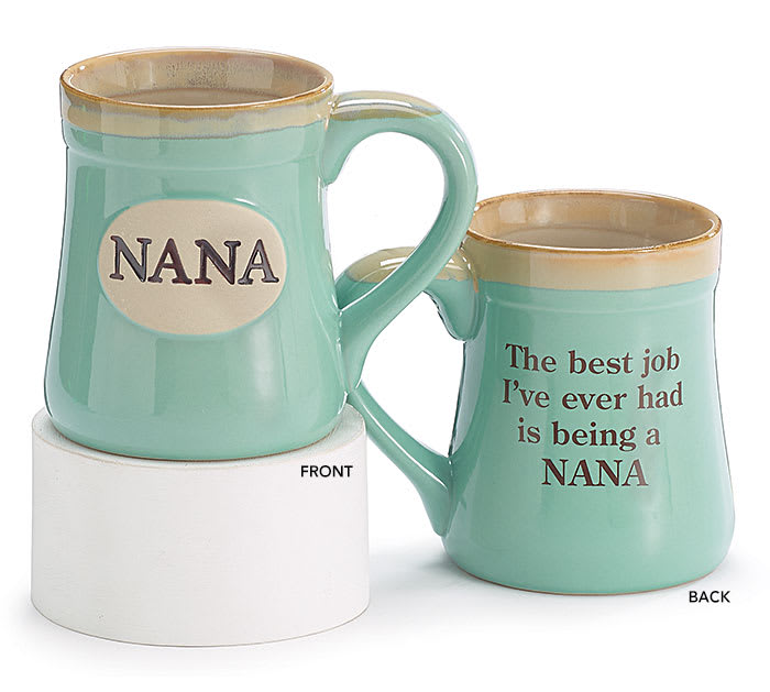 Pair of mint green ceramic mugs labeled Nana with sentimental text on front and back.