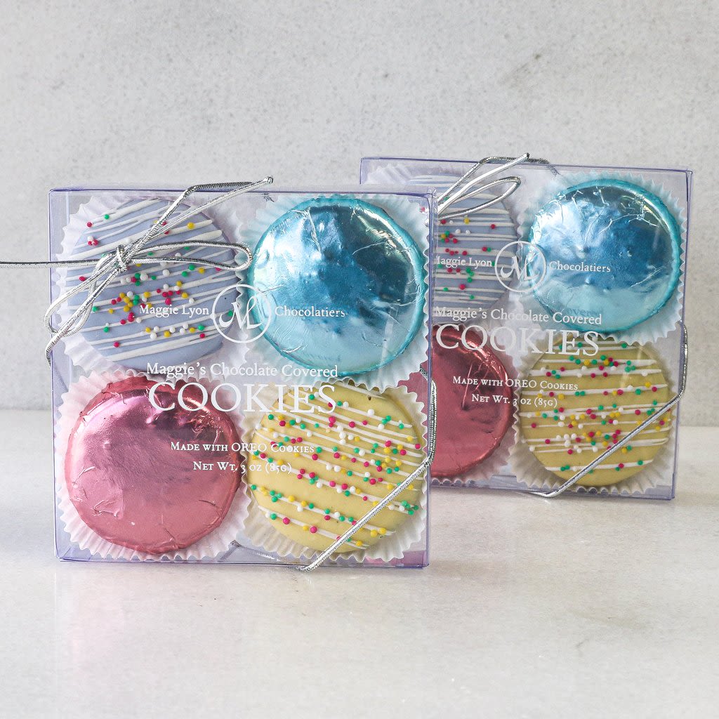 Spring Drizzle 4pc Chocolate Covered Cookies  - Delicious OREO® Cookies dipped in rich milk and white chocolate, then hand-decorated with drizzle and colorful nonpareils for the perfect sweet treat. Each cookie is beautifully wrapped in pastel foil, making them perfect for gifts, parties, dessert tables, or special occasions.  Local delivery only is available for Smyrna, Marietta, Austell, Mableton, and Atlanta.  Send a message to place your order today.