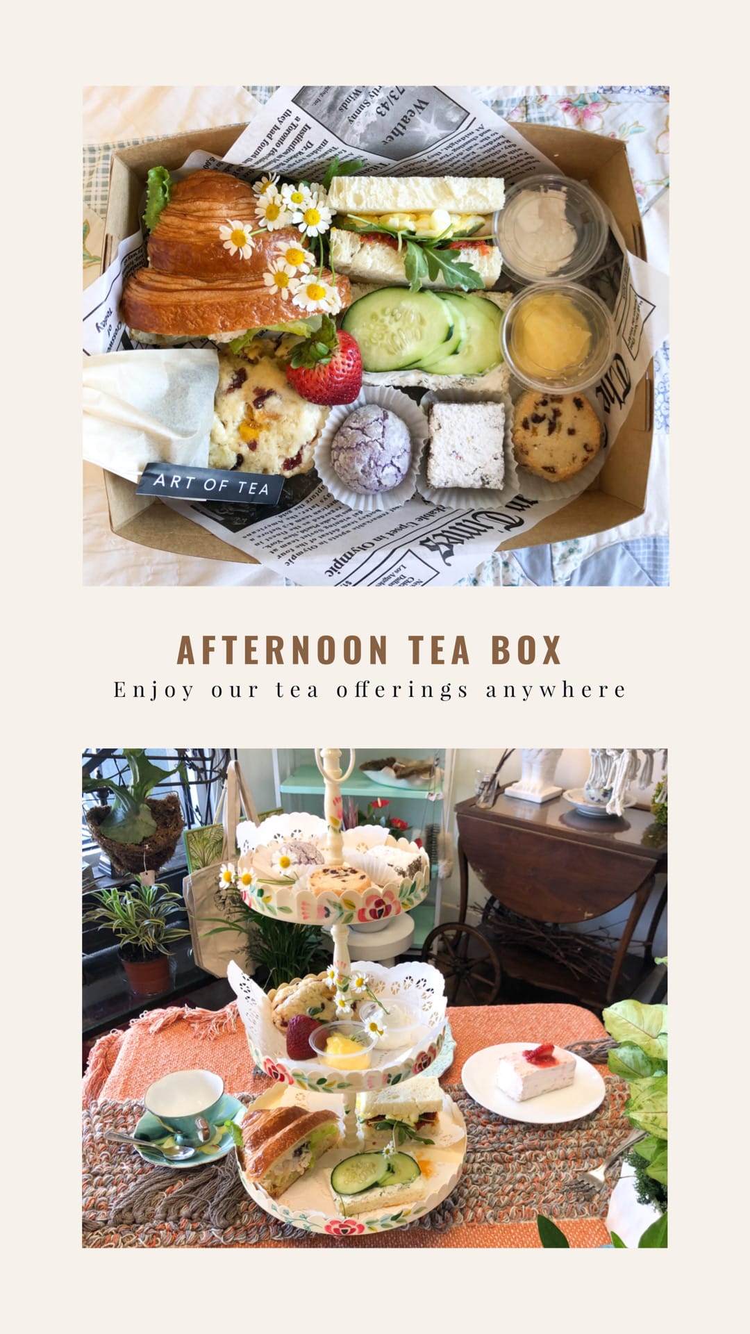 Afternoon tea box and tiered stand with assorted sandwiches, pastries, fruit, and small flower garnishes.
