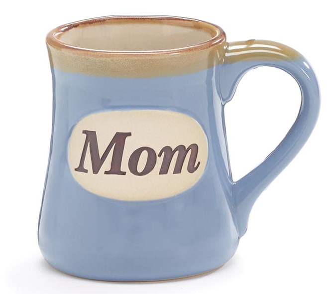 Mom Mug Ceramic - LOCAL PICK UP OR DELIVERY ONLY - Dishwasher safe/FDA approved/Microwave safe.  Hand-painted blue porcelain mug with a slight taupe rim. In the center of the mug, raised "Mom" message in a taupe circle. Interior is taupe and handle is blue. Individually gift boxed.  4.75"H x 3"Opening. Capacity: 18 oz. Set of 4.