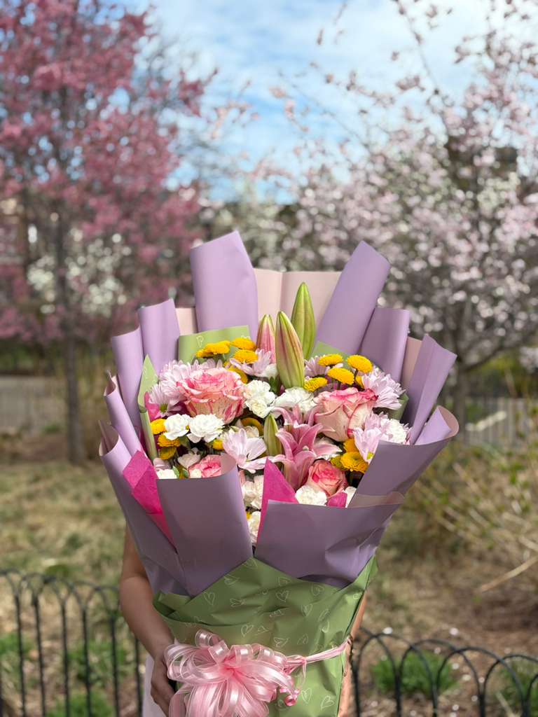 Primavera Bouquet  - Adorable bouquet of 100% natural fresh flowers, in spring colors and delicately packaged in Korean style with purple wrapping.