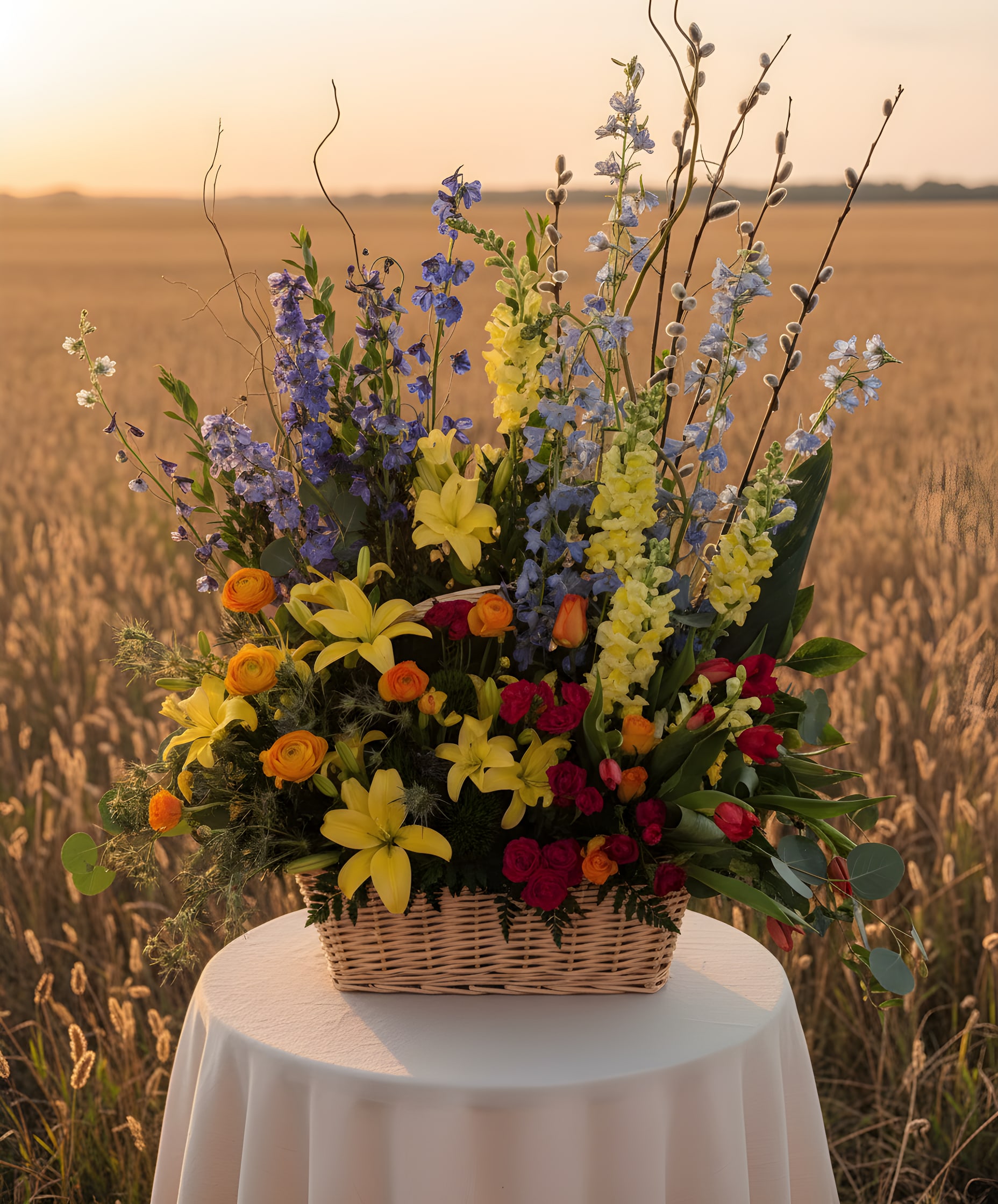 Wonderful Memories  - This is not an AI image. This is an actual design of Acacia. The background has been substituted. This is a basket arrangement and the flowers are subject to change due to availability.