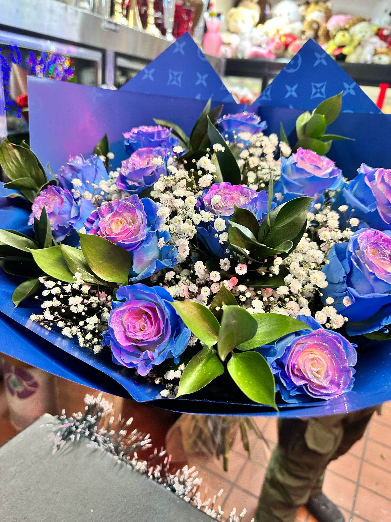 Blue Tinted Bloomed Roses Bouquet - One of our unique bouquets in our menu. These tinted roses are very limited but are here for purchase as of now.