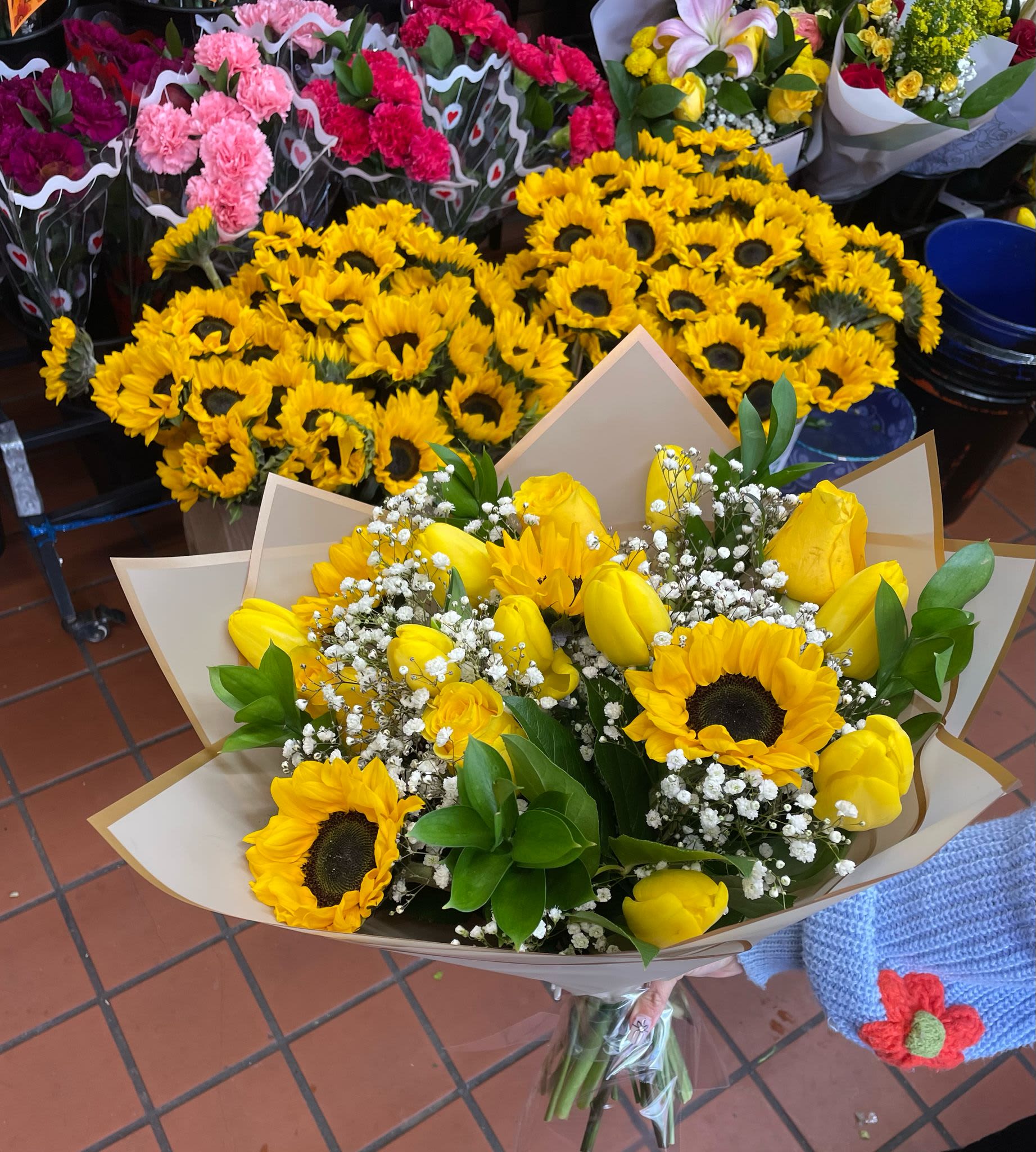 Beautiful 5 Stem Sunflower Bouquet with Fillers =)) - Our tulip and sunflower special. Brighten someone's day with this deluxe yellow bouquet