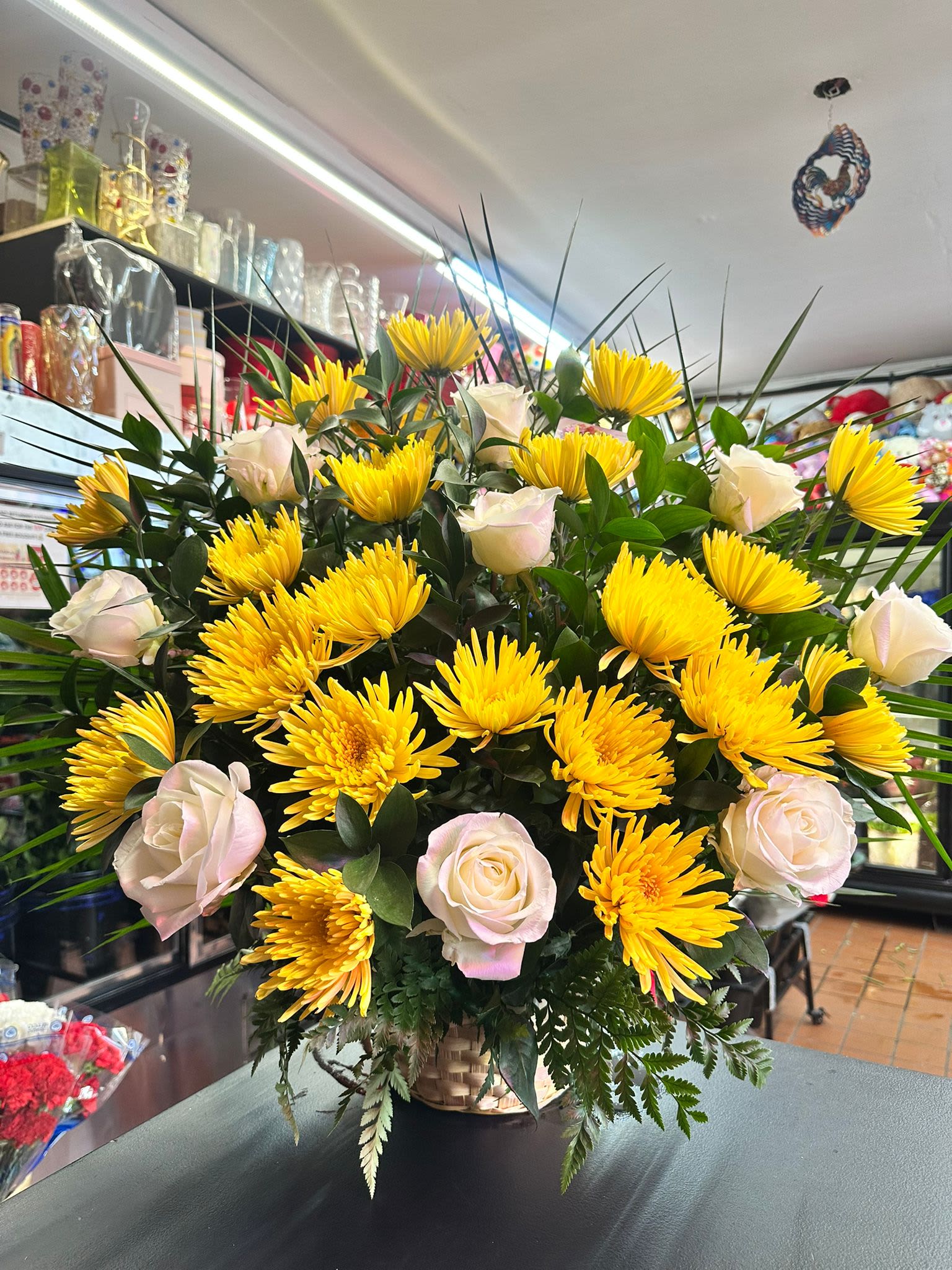 Yellow Flower Day Special Basket Arrangement - Bring the beautiful color yellow into someone's life today with this beautiful full yellow &amp; white arrangement